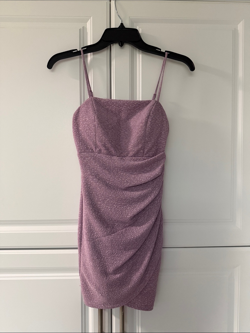 Crystal Doll Lavender Shimmer Ruched Bodycon Mini Dress Size 0 Cocktail Prom